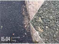 Miris !! Baru Selesai Semalam di Kerjakan, Jalan Hotmik Siangnya Sudah Terkelupas Lagi di Jalan Lingkungan Kampung Patrol Desa Cikawung